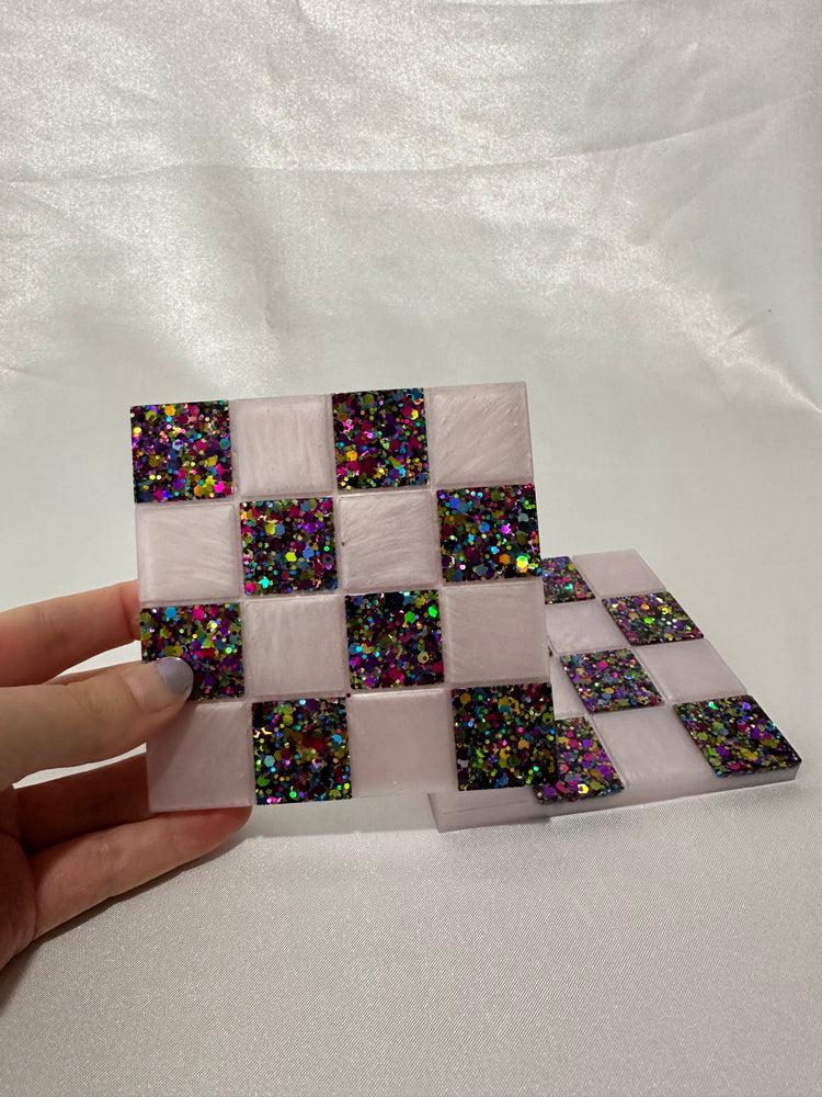 Party glitter checkered coaster sets