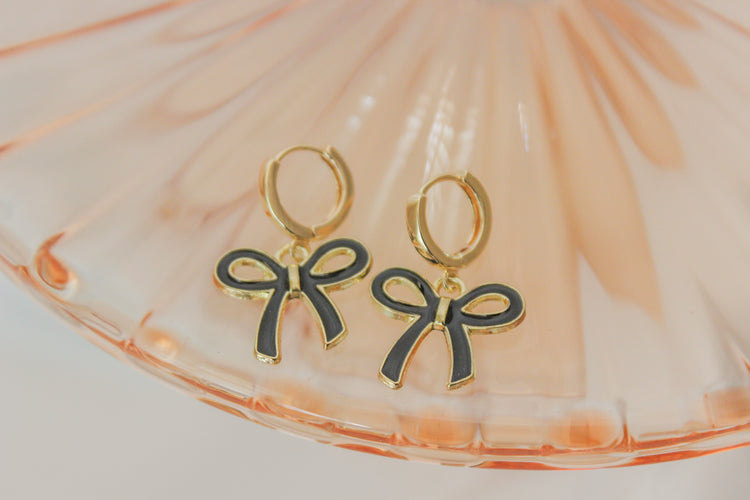 Black Bow Huggie Hoops