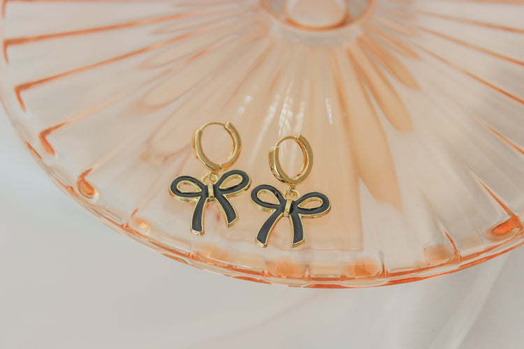 Black Bow Huggie Hoops