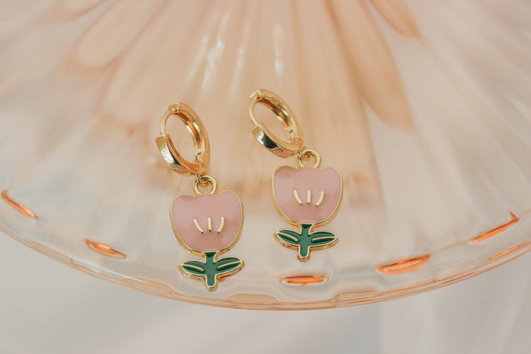 Pink Tulip Huggie Hoops