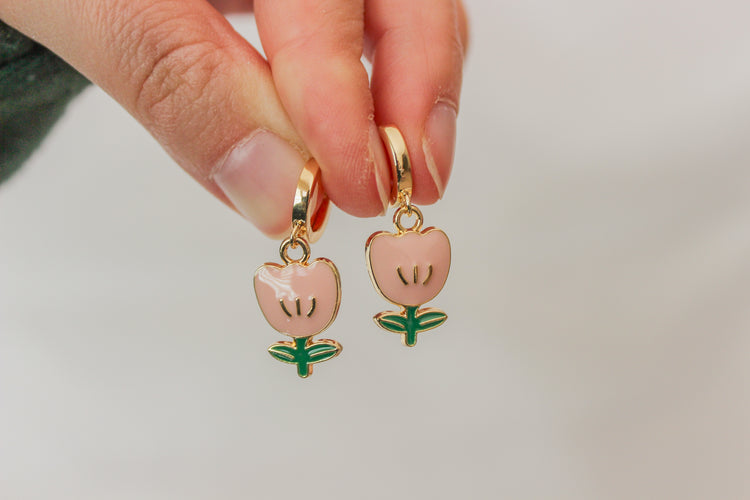 Pink Tulip Huggie Hoops