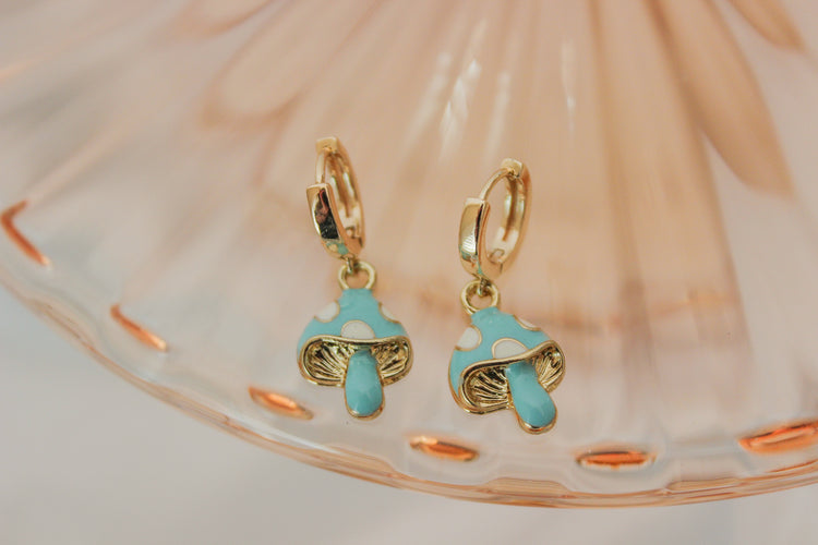 Blue Mushroom Huggie Hoops