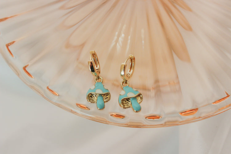 Blue Mushroom Huggie Hoops