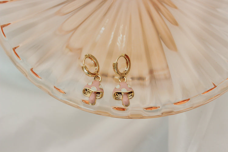 Pink Mushroom Huggie Hoops