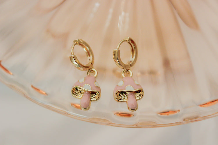 Pink Mushroom Huggie Hoops