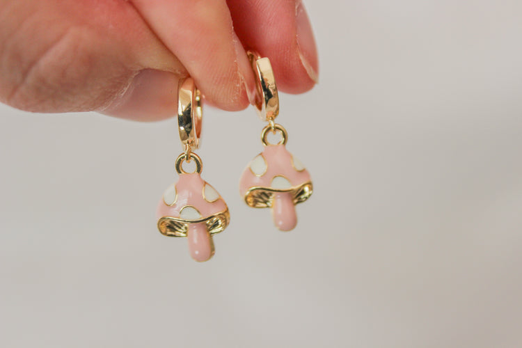 Pink Mushroom Huggie Hoops