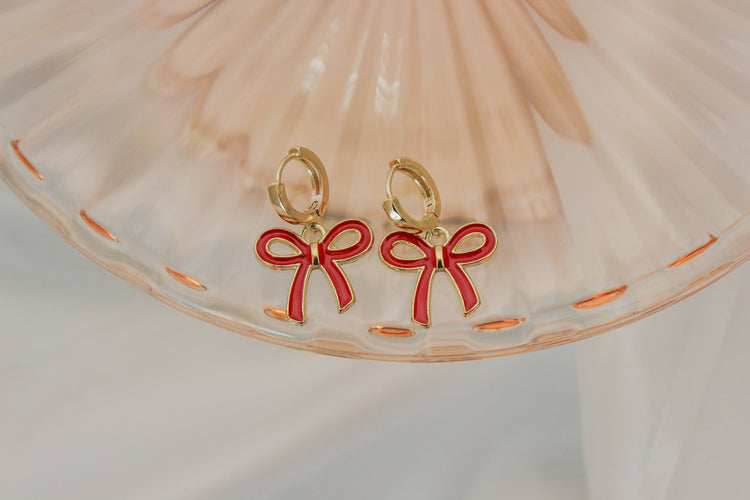Red Bow Huggie Hoops