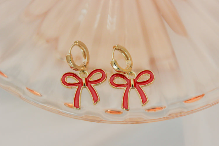 Red Bow Huggie Hoops