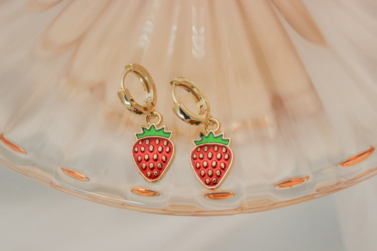 Red Strawberry Huggie Hoops