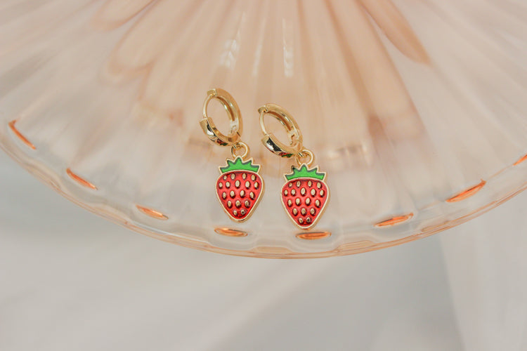Red Strawberry Huggie Hoops