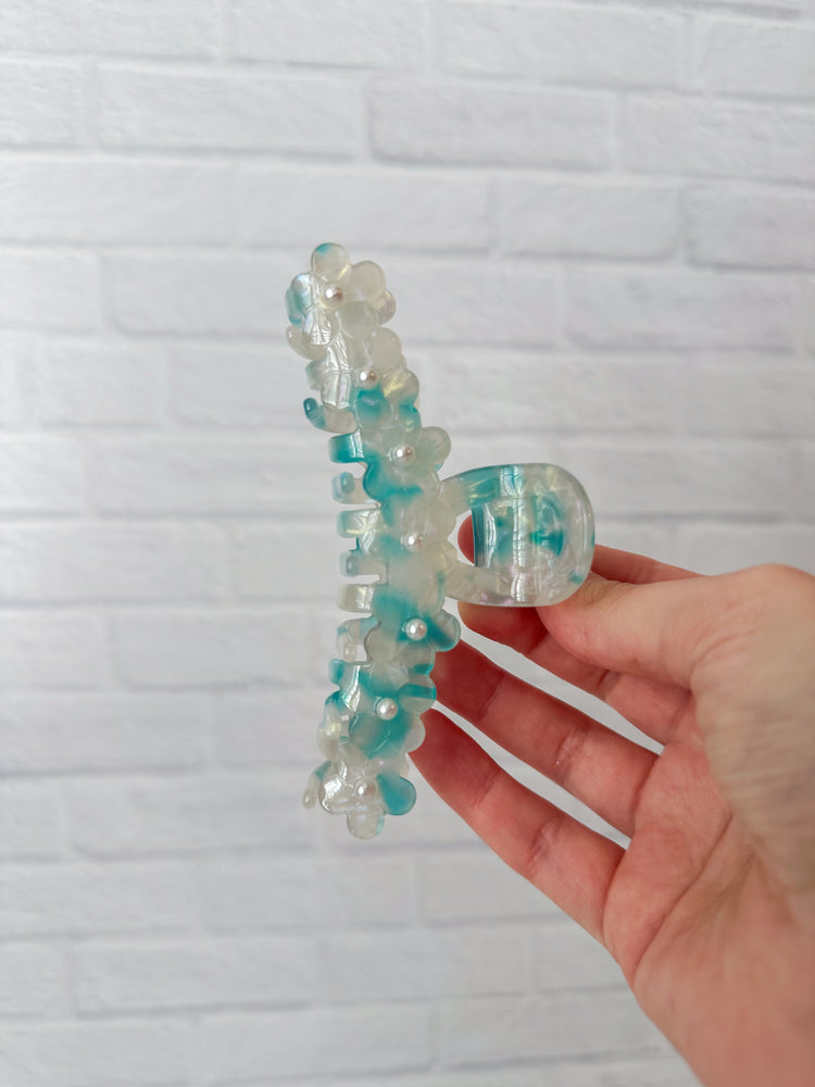 Blue Marble Floral Claw Clip