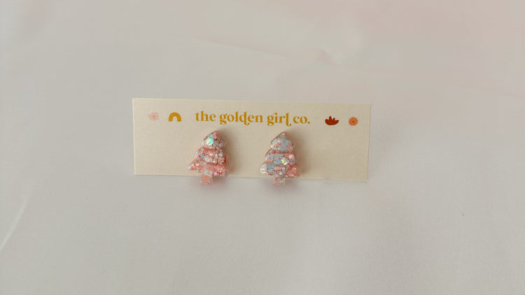 Pink Christmas Tree Studs