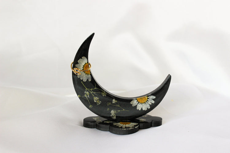 Black Crescent Moon Ring Holder | Resin Ring Holder | Resin Jewelry Stand | Room Decor | Pressed Flowers