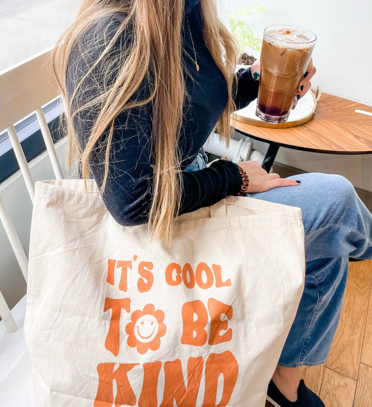 It’s Cool To Be Kind Tote Bag | Large Square Tote | Recycled Cotton Reusable Bag | Trendy Retro Style Tote