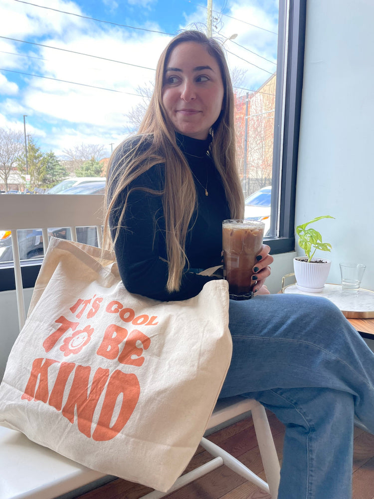 It’s Cool To Be Kind Tote Bag | Large Square Tote | Recycled Cotton Reusable Bag | Trendy Retro Style Tote