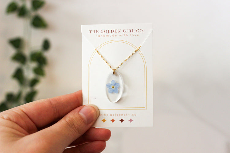 Pressed Flower Resin Necklace | Dainty Gold Necklace | Minimalist Gold Jewelry | Holiday Gift for Her | Small Floral Pendant Necklace