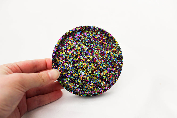 Single Glitter Resin Coaster | Party Time Circle Coaster | Home Decor | 90s Vibes Drink Coaster | Rainbow Glitter Coaster