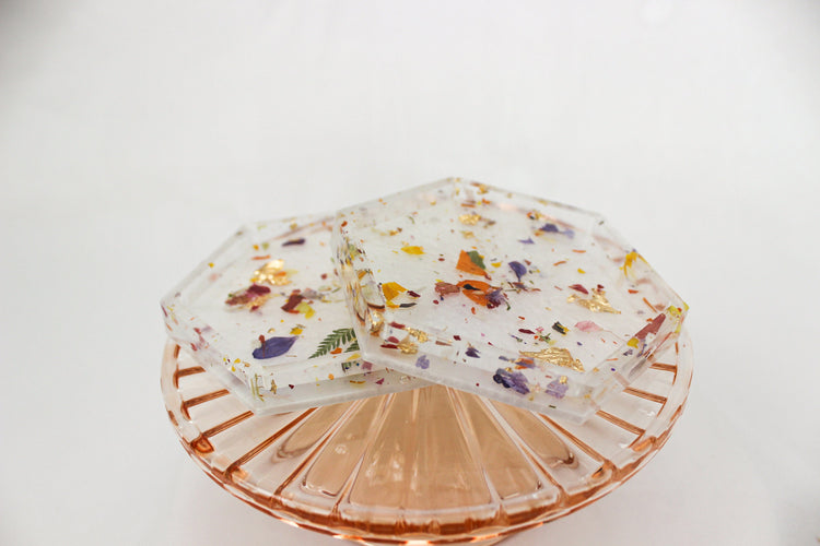 Set of 2 Floral Confetti Resin Coasters | White Hexagon Coasters | Home Decor | Cottage Core Drink Coasters | Set of 2 Coasters