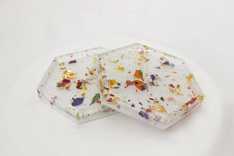 Set of 2 Floral Confetti Resin Coasters | White Hexagon Coasters | Home Decor | Cottage Core Drink Coasters | Set of 2 Coasters