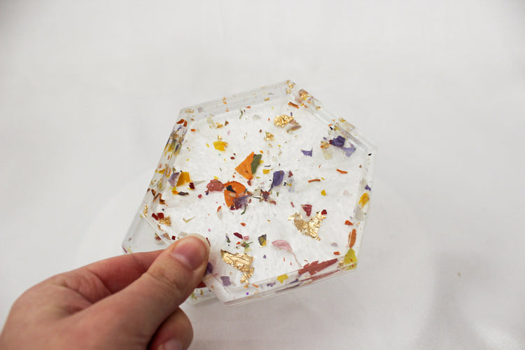 Set of 2 Floral Confetti Resin Coasters | White Hexagon Coasters | Home Decor | Cottage Core Drink Coasters | Set of 2 Coasters