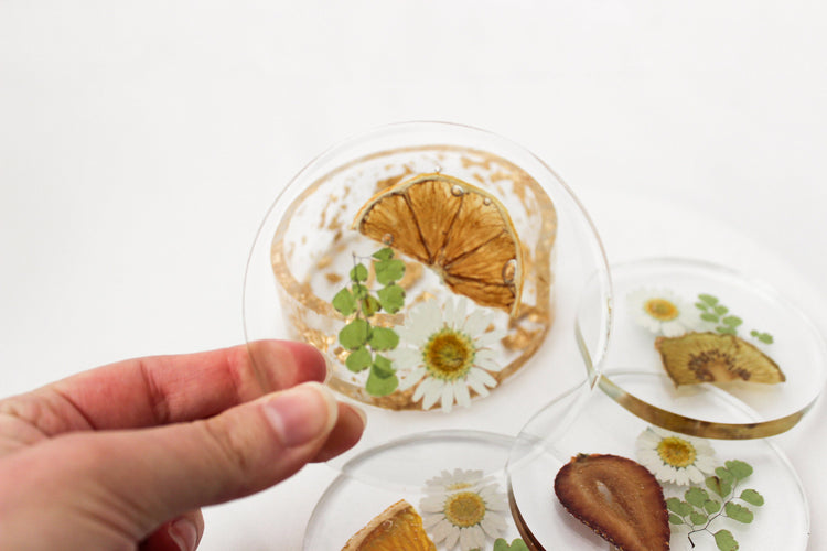Set of 4 Floral Fruit Resin Coasters | Clear Circle Coasters | Home Decor | Cottage Core Drink Coasters | Set of 4 Coasters With Holder