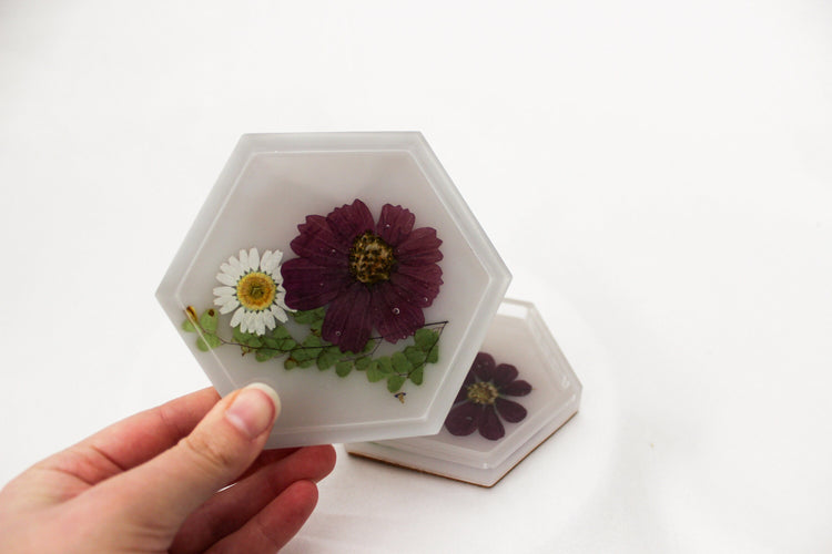 Set of 2 Floral Resin Coasters | White Hexagon Coasters | Home Decor | Cottage Core Drink Coasters | Set of 2 Coasters