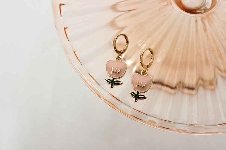 Flower Huggie Hoops | Pastel Flower Huggie Earrings | Floral Dangle Earrings | Gift for Her | Dainty Gold Filled Earring