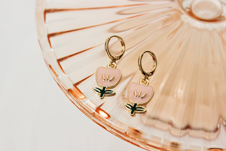 Flower Huggie Hoops | Pastel Flower Huggie Earrings | Floral Dangle Earrings | Gift for Her | Dainty Gold Filled Earring