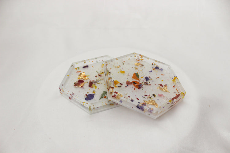 Set of 2 Floral Confetti Resin Coasters | White Hexagon Coasters | Home Decor | Cottage Core Drink Coasters | Set of 2 Coasters