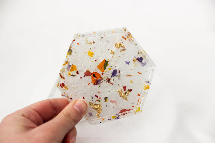 Set of 2 Floral Confetti Resin Coasters | White Hexagon Coasters | Home Decor | Cottage Core Drink Coasters | Set of 2 Coasters