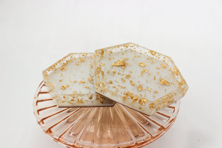 Set of 2 Gold Leaf Resin Coasters | White Hexagon Coasters | Home Decor | Cottage Core Drink Coasters | Set of 2 Coasters