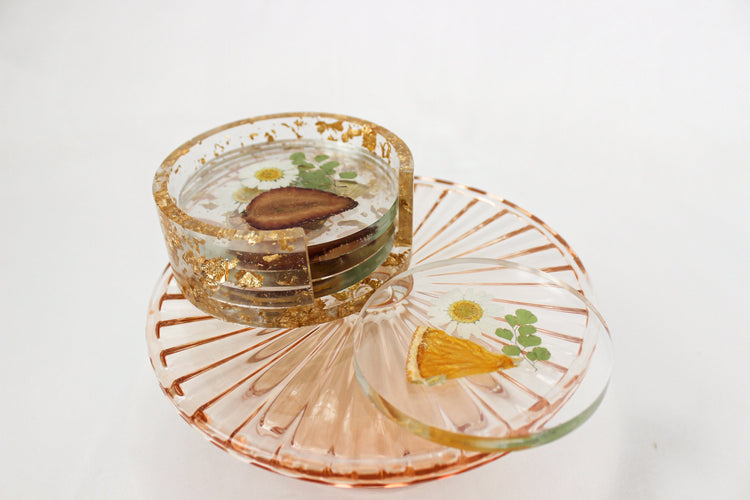 Set of 4 Floral Fruit Resin Coasters | Clear Circle Coasters | Home Decor | Cottage Core Drink Coasters | Set of 4 Coasters With Holder