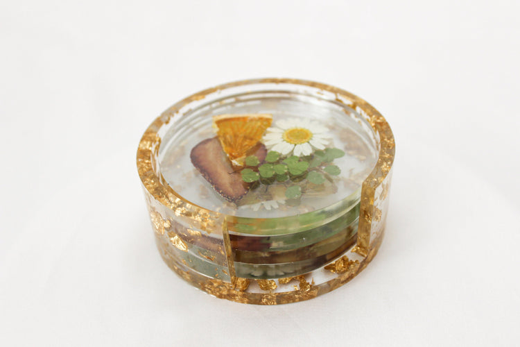 Set of 4 Floral Fruit Resin Coasters | Clear Circle Coasters | Home Decor | Cottage Core Drink Coasters | Set of 4 Coasters With Holder