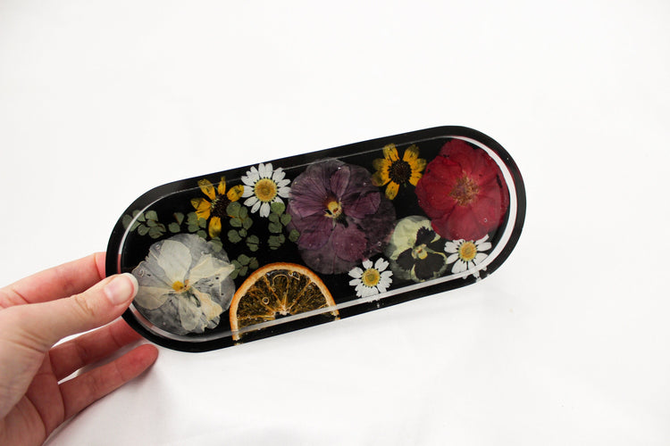 Extra Long Resin Pill Tray | Pressed Flowers | Bathroom Vanity Tray | Catch All Dish | Trinket Tray | Boho Decor | Floral Resin Tray |