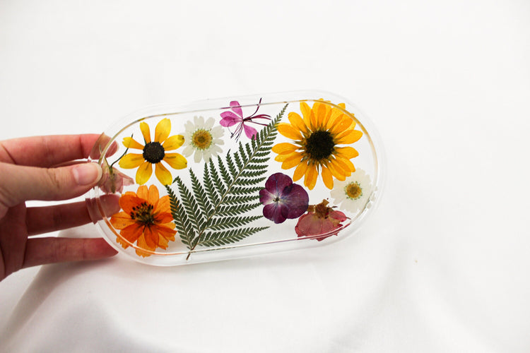 Handmade Resin Pill Tray | Dried Flowers | Bathroom Vanity Tray | Catch All Dish | Trinket Tray | Boho Decor | Bright Floral Resin Tray |