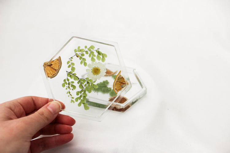 Set of 2 Floral Lemon Resin Coasters | Clear Hexagon Coasters | Home Decor | Cottage Core Drink Coasters | Set of 2 Coasters