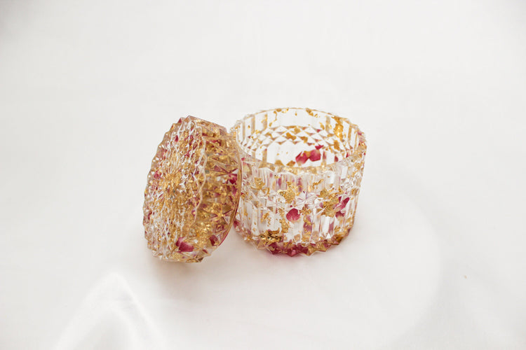 Vintage Glass Resin Jar | Flower Confetti Resin Stash Jar | Room Decor | Minimalist Decor | Rose Petal and Gold Leaf Jar