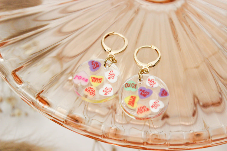 Conversation Heart Huggie Hoops | Heart Shaped Huggie Earrings | Valentine Dangle Earrings | Gift for Her | Dainty Gold Filled Earring