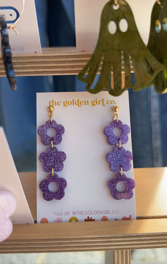 Purple glitter floral dangles