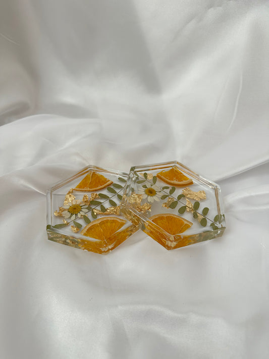Set of 2 Floral Orange Resin Coasters | Clear Hexagon Coasters | Home Decor | Cottage Core Drink Coasters | Set of 2 Coasters