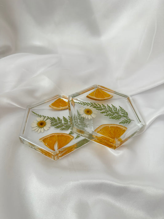Set of 2 Floral Orange Resin Coasters | Clear Hexagon Coasters | Home Decor | Cottage Core Drink Coasters | Set of 2 Coasters