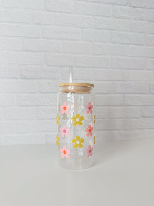 Lavender, Pink, and Green Floral Glass Cup