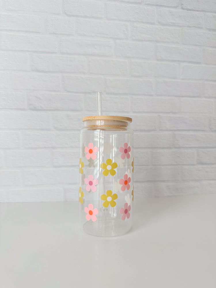 Lavender, Pink, and Green Floral Glass Cup