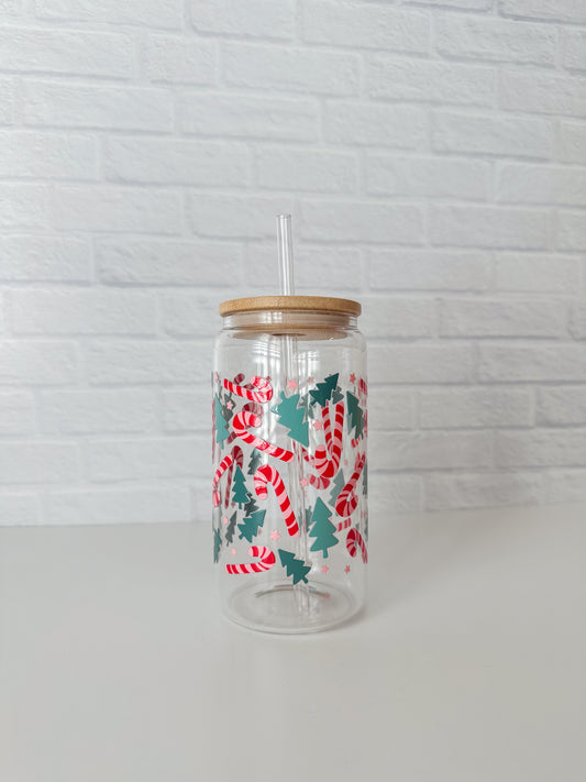 Candy Cane & Christmas Tree Glass Cup
