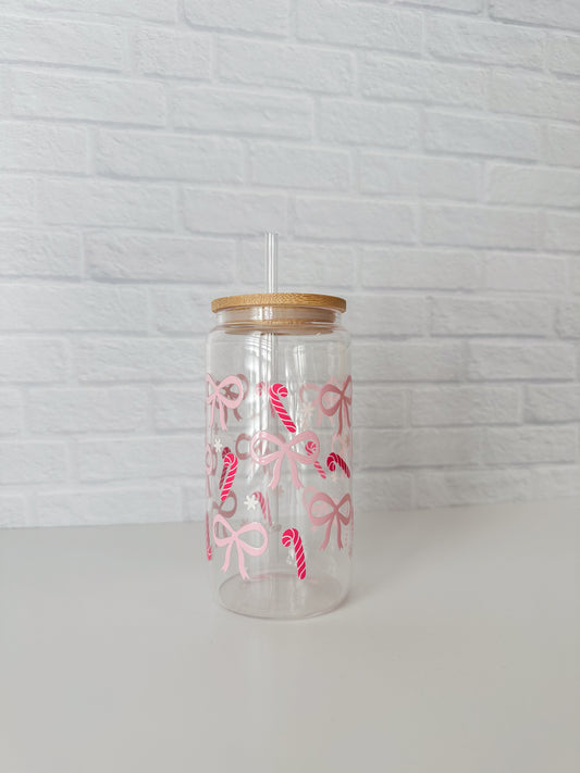 Candy Cane & Bow Glass Cup
