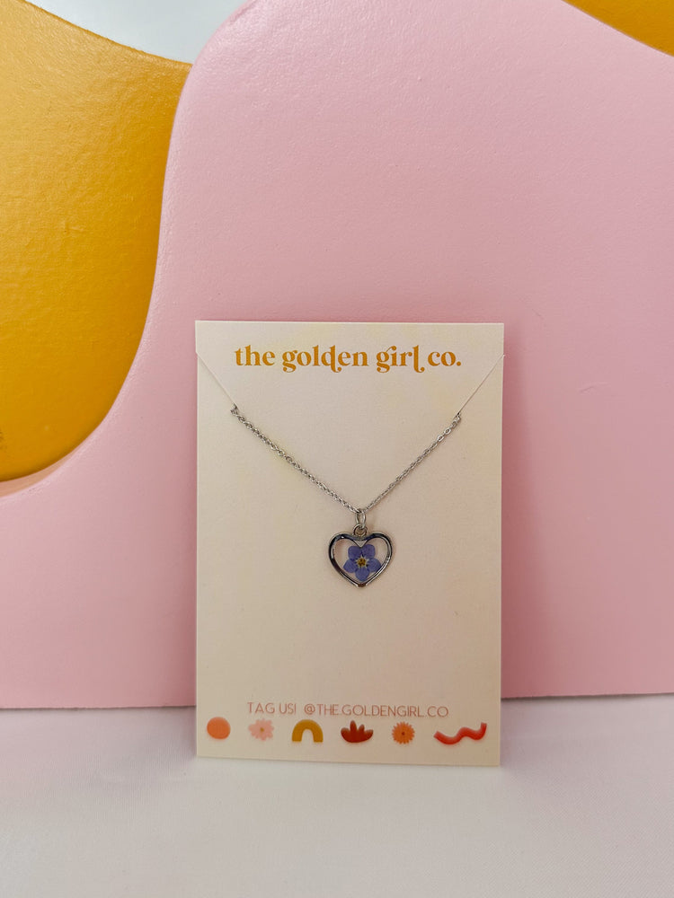 Silver Heart Forget Me Not Necklace