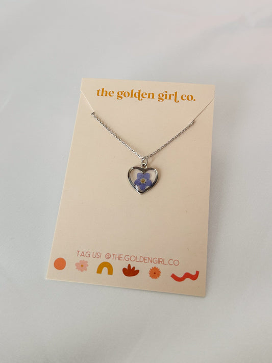 Silver Heart Forget Me Not Necklace