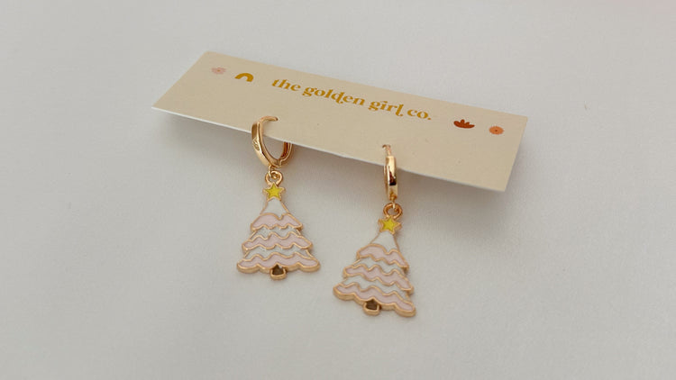 Pink Christmas Tree Huggie Hoops