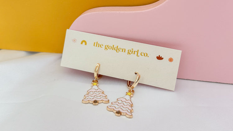 Pink Christmas Tree Huggie Hoops