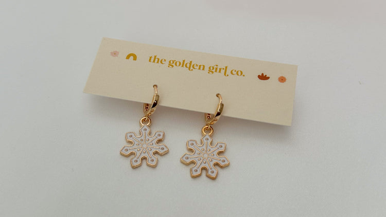 White Snowflake Huggie Hoops